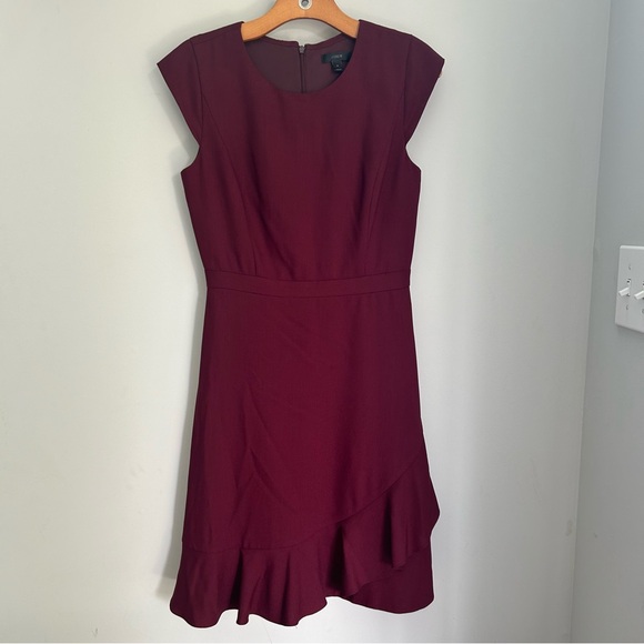 J. Crew Burgundy Ruffle Hem Cap Sleeve Wool Dress 4 - Picture 1 of 6